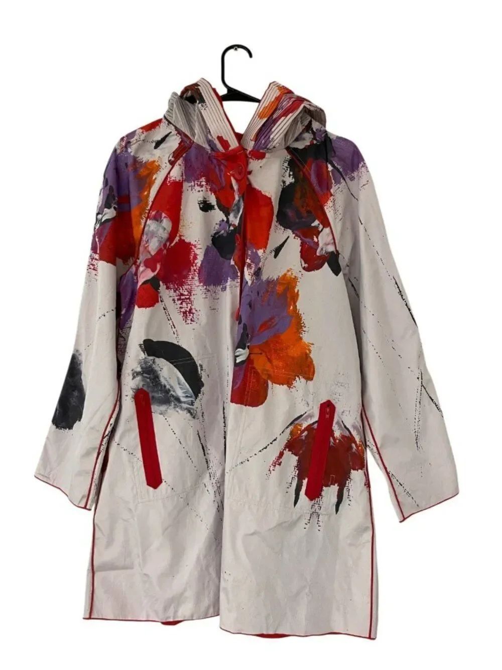 Ubu Womens Parisian Raincoat Jacket Small Floral Abstract red Button-Front NWT